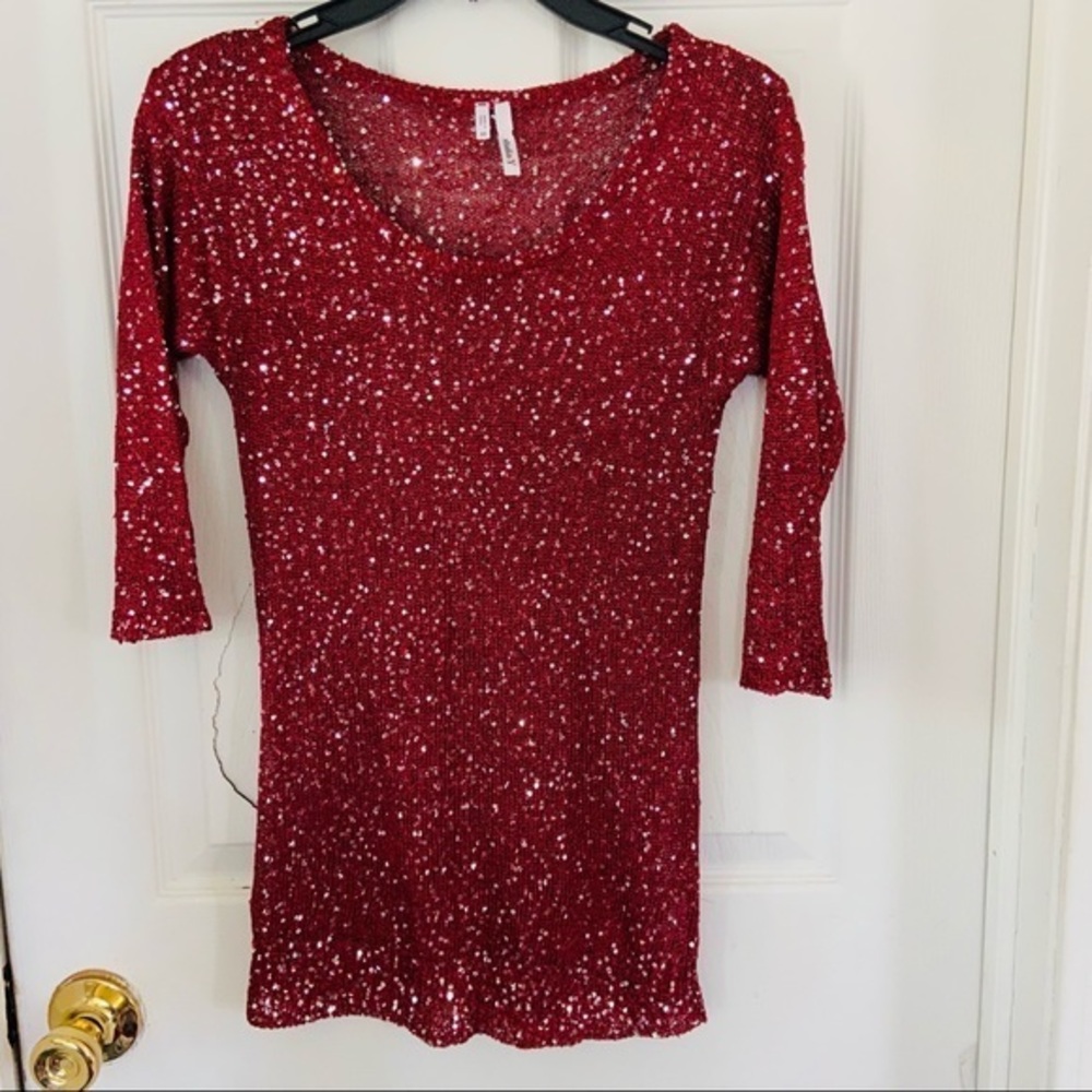STUDIO Y Burgundy red sheer knit sparkly sequins sweater size XS